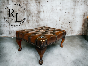 Vintage Mid-Century English Leather Button Tufted Chesterfield Footstool Ottoman, Brown - Image 3