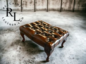 Vintage Mid-Century English Leather Button Tufted Chesterfield Footstool Ottoman, Brown - Image 2